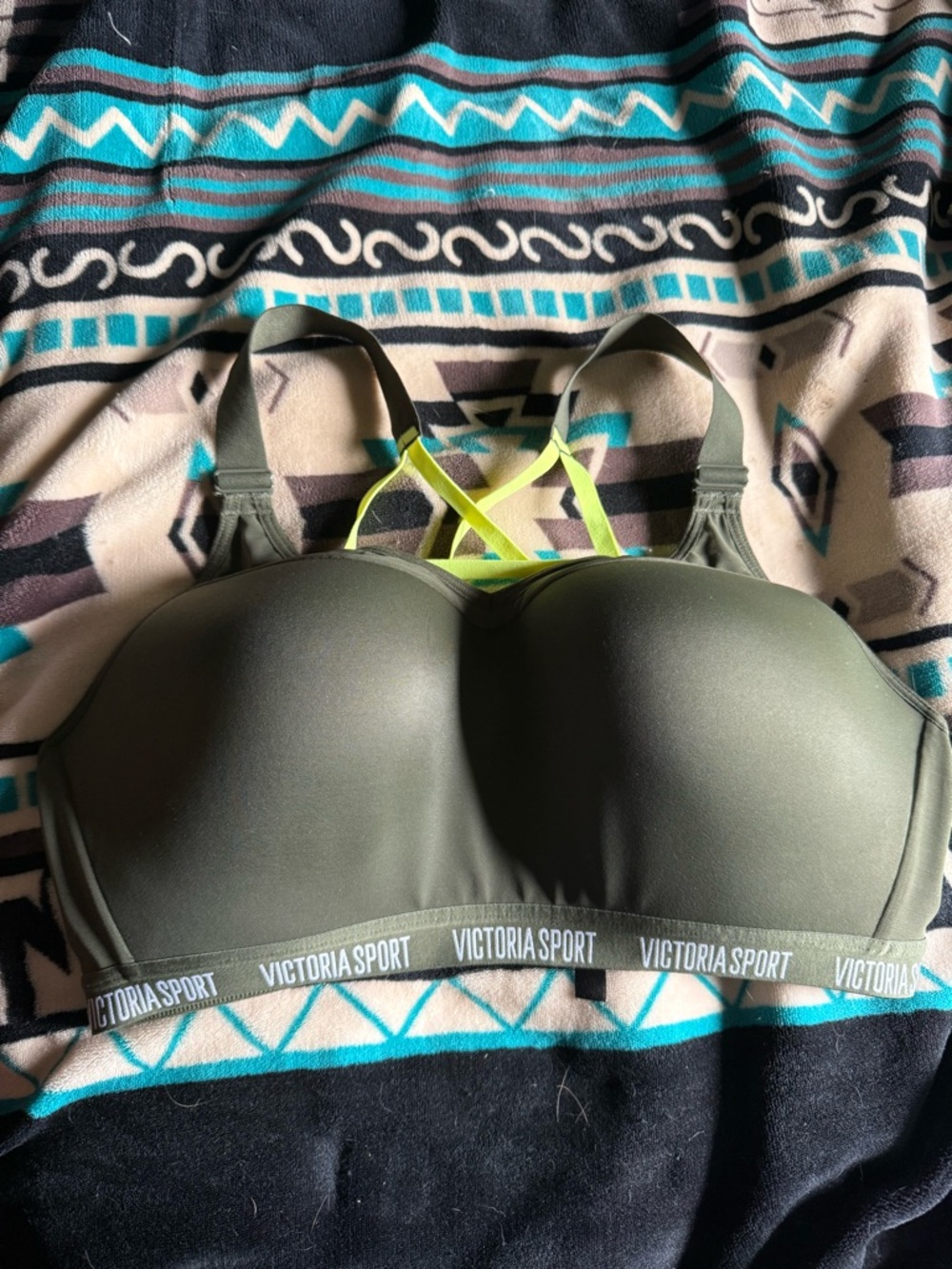 Victoria Sport Olive Green Padded Sports Bra with Neon Strap Detail